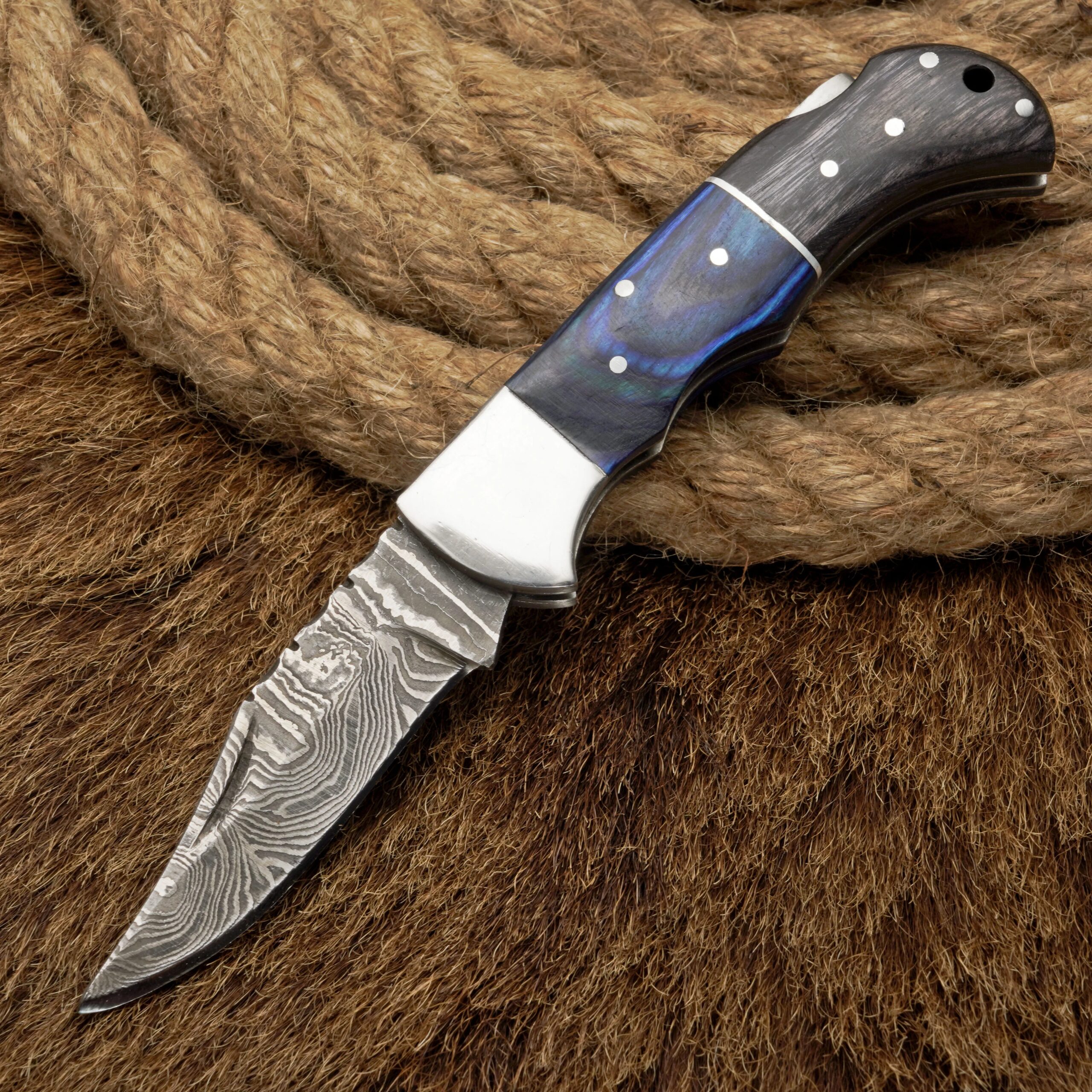 Damascus Drop Point Folding Knife